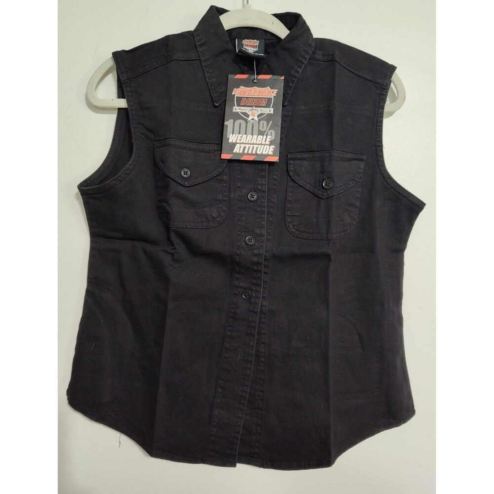 Vintage Women's Black denim button up sleeveless shirt Med Biker Grunge Goth NOS